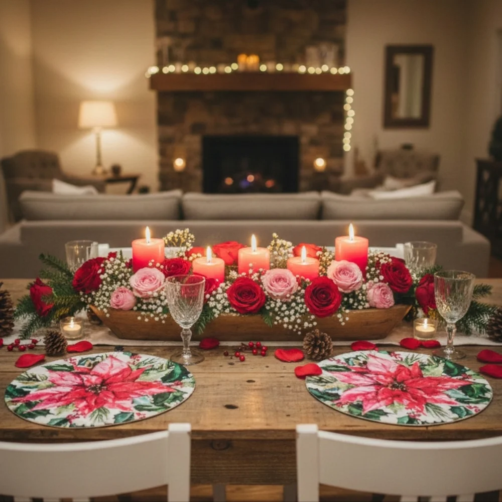 Rachel Ashwell Farmhouse Placemats Poinsettia 100% Cotton Set Of 4  Christmas